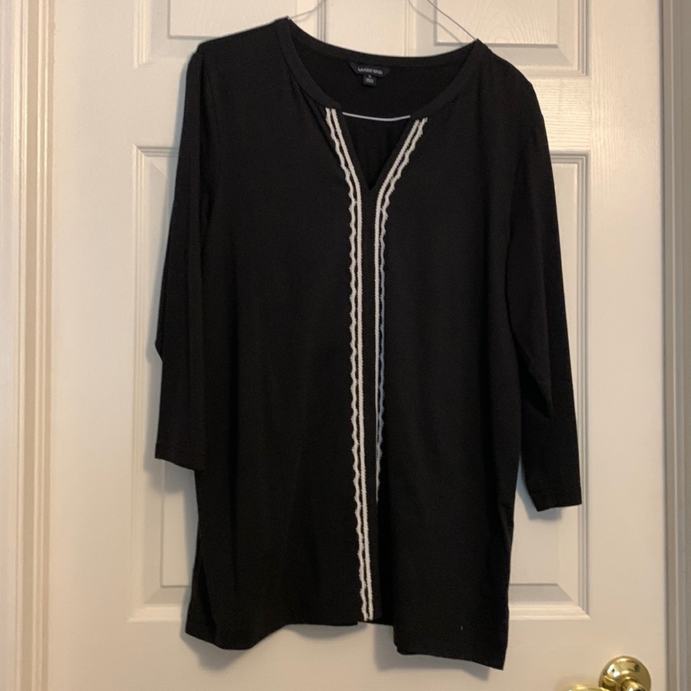 Lands End Embroidery Black V Neck 3/4 Sleeve Tunic, size XL.